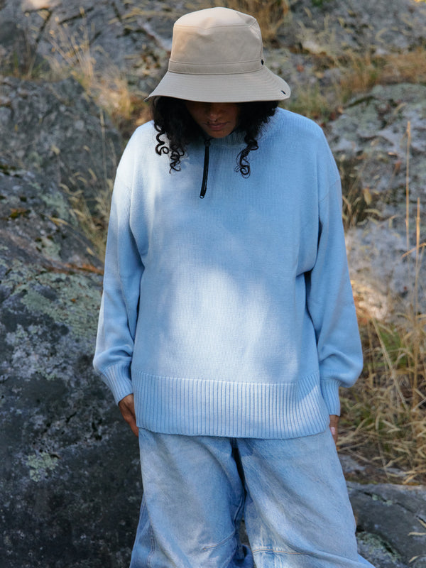 Cerulean blue pima cotton crew neck pullover sweater, made in Peru