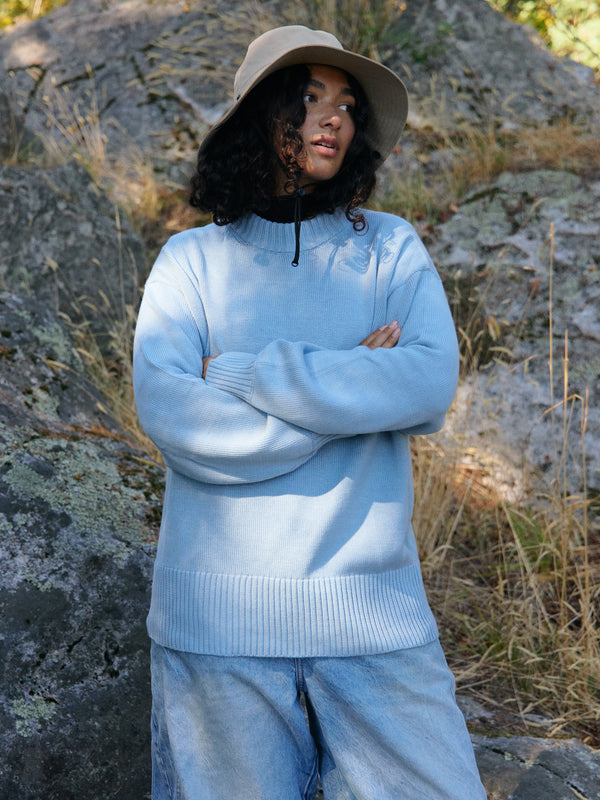 Cerulean blue pima cotton crew neck pullover sweater, made in Peru