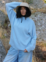Cerulean blue pima cotton crew neck pullover sweater, made in Peru