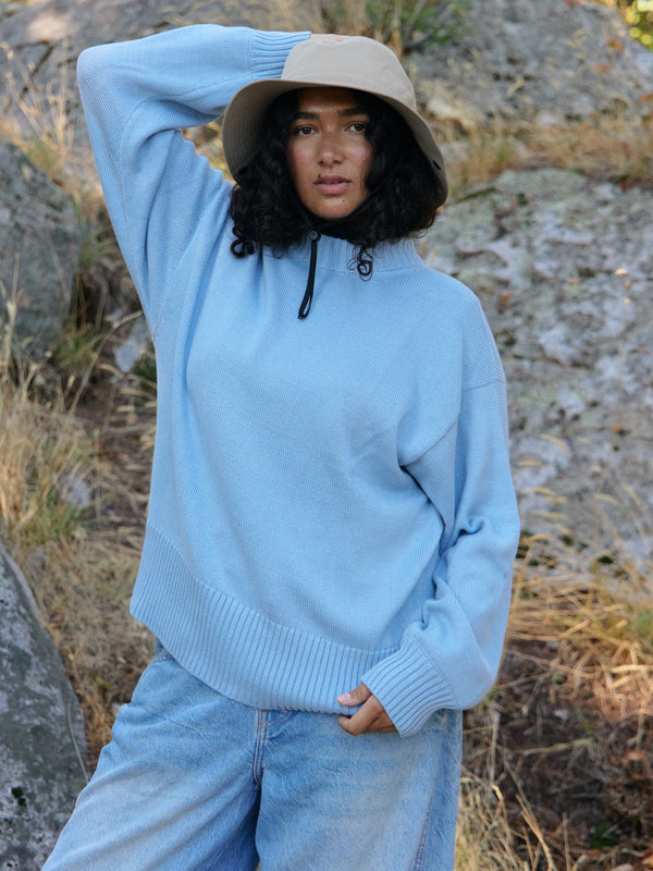 Cerulean blue pima cotton crew neck pullover sweater, made in Peru