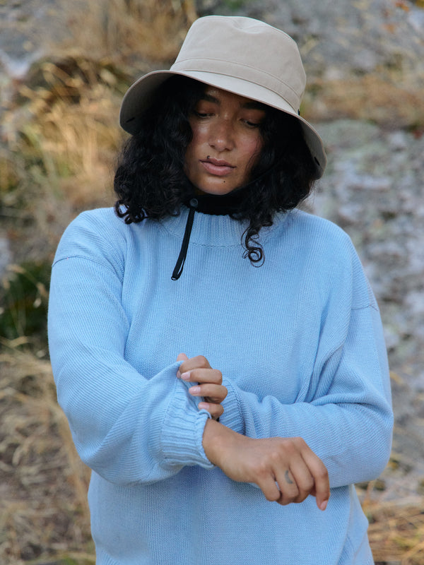 Cerulean blue pima cotton crew neck pullover sweater, made in Peru