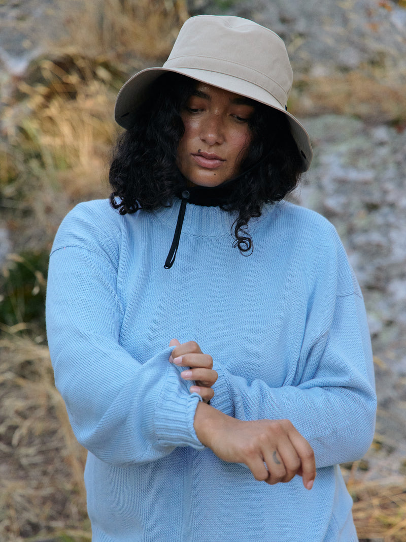 Cerulean blue pima cotton crew neck pullover sweater, made in Peru