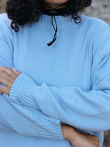 Cerulean blue pima cotton crew neck pullover sweater, made in Peru