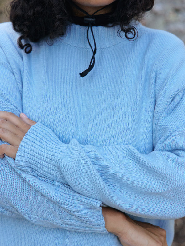 Cerulean blue pima cotton crew neck pullover sweater, made in Peru
