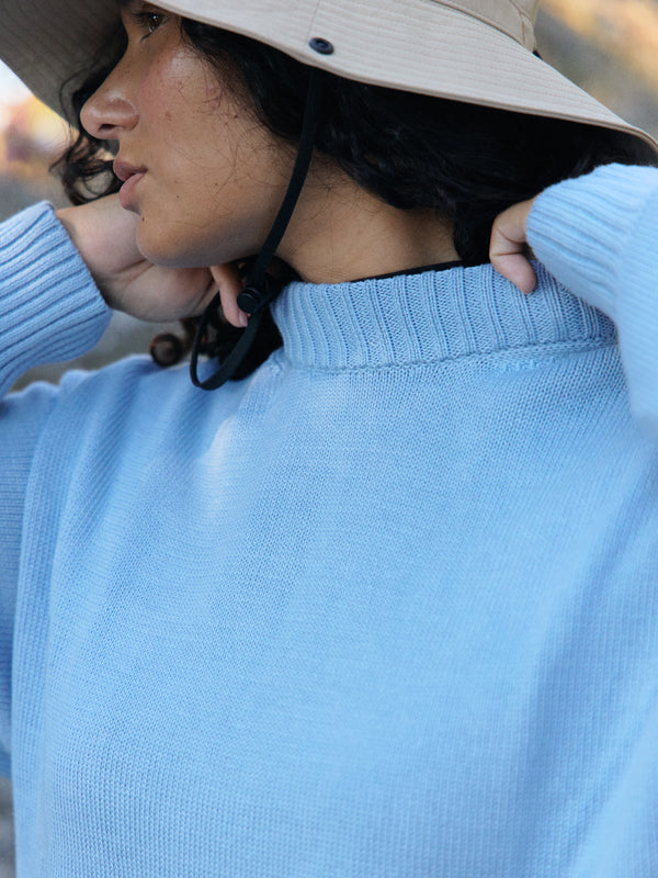 Cerulean blue pima cotton crew neck pullover sweater, made in Peru