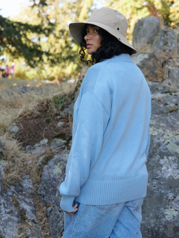 Cerulean blue pima cotton crew neck pullover sweater, made in Peru