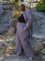 purple and brown check linen wide leg pants