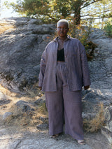 purple and brown check linen wide leg pants