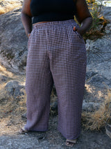 purple and brown check linen wide leg pants