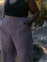 purple and brown check linen wide leg pants