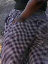 purple and brown check linen wide leg pants