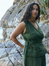 Free Label Pine green linen wrap tank top