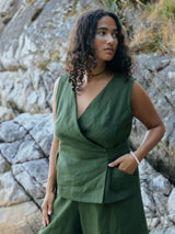 Free Label Pine green linen wrap tank top