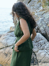 Free Label Pine green linen wrap tank top