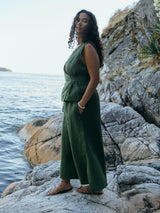 Pine green linen culotte rai crop made in canada