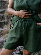 Free Label Canadian made green linen shorts with drawstring and pockets
