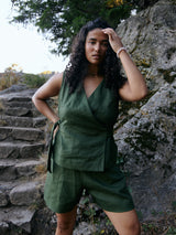 Free Label Pine green linen wrap tank top