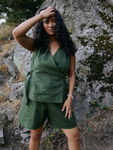 Free Label Canadian made green linen shorts with drawstring and pockets