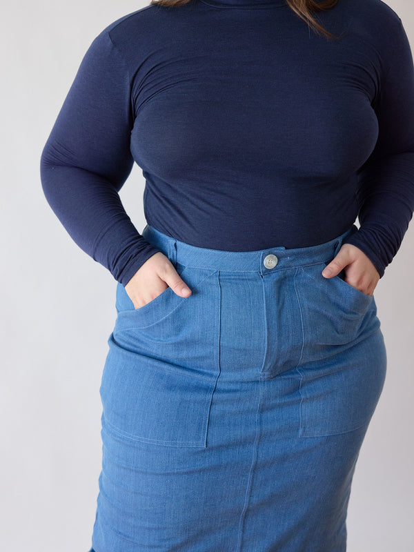 High Waisted Jean Skirt - Light Denim - Stretch Denim - Tall length - Ethical Fashion 