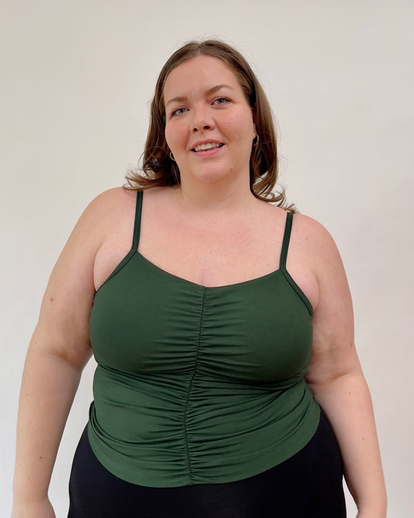 Plus Size tank top - Made in Vancouver - Adjustable straps and ruching down the middle - built in shelf bra 
