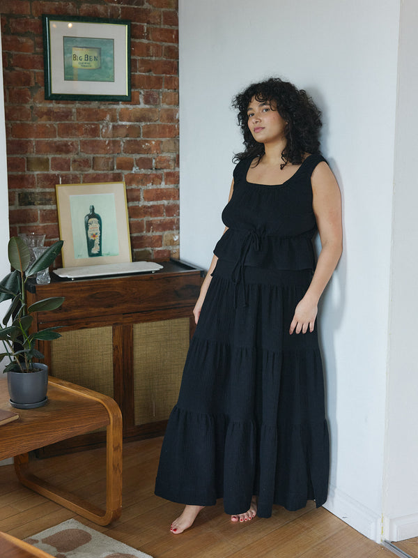 Free Label Black Tegan Skirt - Side Drawstrings - Long Skirt - Organic Cotton Gauze