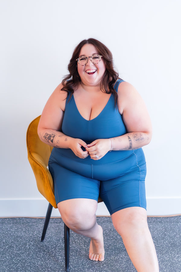 Alicia McCarvell collaboration Alicia Short with sustainable Canadian fashion brand Free Label. Made in Canada in Soft Sully Blue.