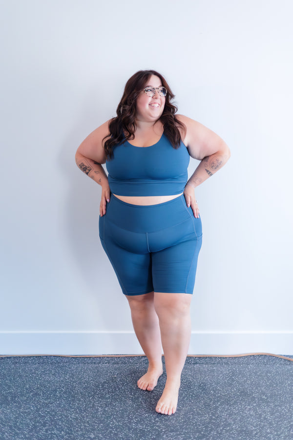 Alicia McCarvell collaboration Alicia Short with sustainable Canadian fashion brand Free Label. Made in Canada in Soft Sully Blue.