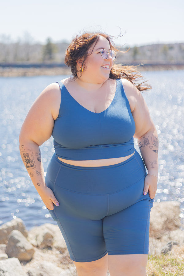 Alicia McCarvell collaboration Alicia Short with sustainable Canadian fashion brand Free Label. Made in Canada in Soft Sully Blue.