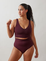 High coverage matching bra and underwear in a dusty burgundy colour