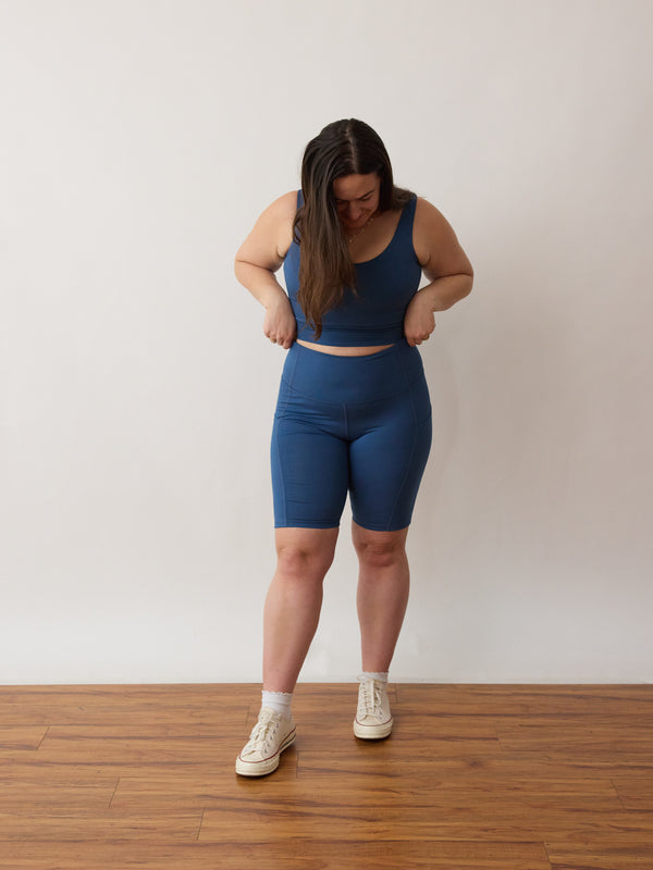 Alicia McCarvell collaboration Alicia Short with sustainable Canadian fashion brand Free Label. Made in Canada in Soft Sully Blue.