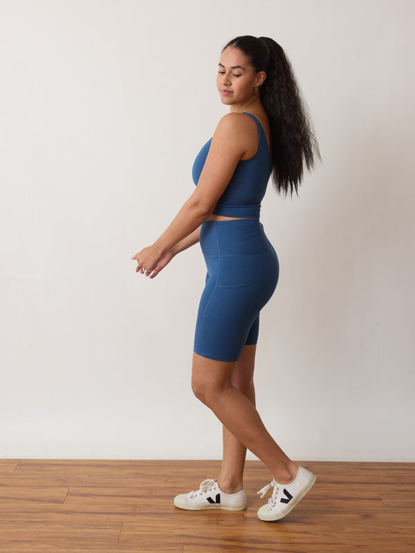 Alicia McCarvell collaboration Alicia Short with sustainable Canadian fashion brand Free Label. Made in Canada in Soft Sully Blue.