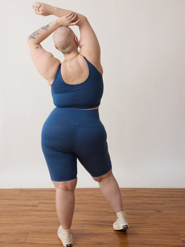 Alicia McCarvell collaboration Alicia Short with sustainable Canadian fashion brand Free Label. Made in Canada in Soft Sully Blue.
