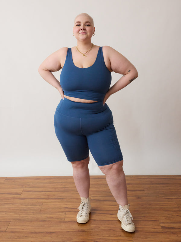 Alicia McCarvell collaboration Alicia Short with sustainable Canadian fashion brand Free Label. Made in Canada in Soft Sully Blue.