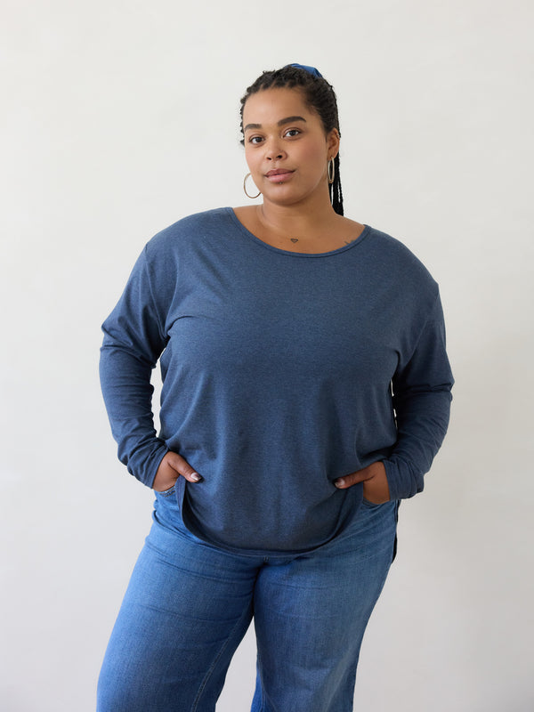 Melange Blue Duggan Long Sleeve, Free label Canadian made plus size slouchy long sleeve