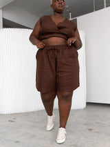 Free Label Brown Woods linen shorts with drawstring plus size