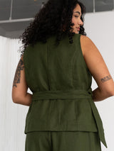 Free Label Pine green linen wrap tank top