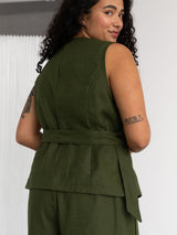 Free Label Pine green linen wrap tank top