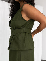 Free Label Pine green linen wrap tank top