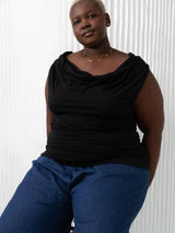 Black ruched draped maternity friendly top