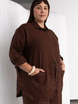 Brown linen button up with pockets made in Canada