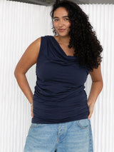 Navy draped ruched top lyocell made in canada