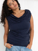 Navy draped ruched top lyocell made in canada