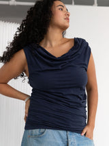 Navy draped ruched top lyocell made in canada