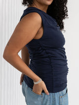 Navy draped ruched top lyocell made in canada