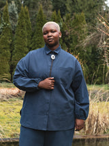 NAVY ORGANIC COTTON CREPE TOMMY BUTTON UP