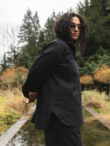 BLACK ORGANIC COTTON CREPE TOMMY BUTTON UP