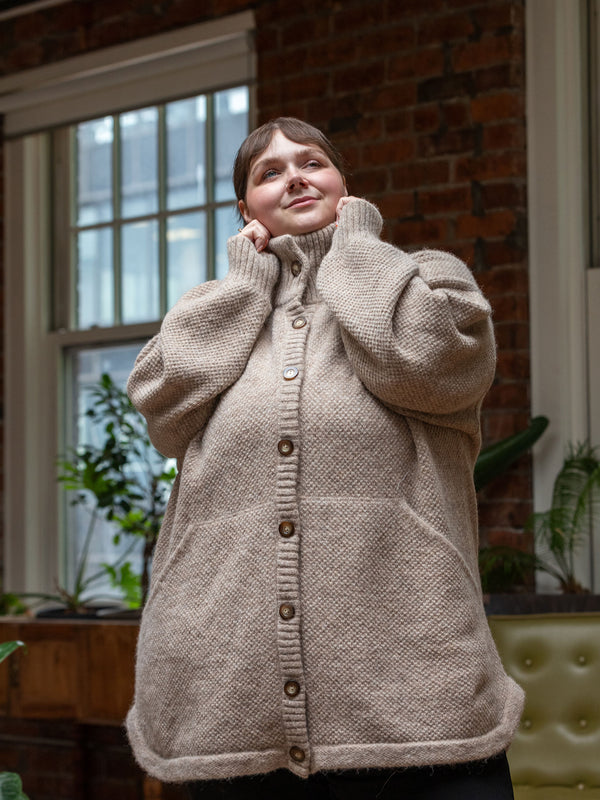 oatmeal oversized Superfine Alpaca cardigan made in peru