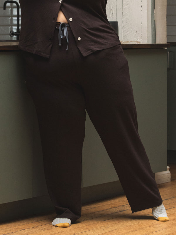 sustainable canadian made lyocell pajama pants, matching brown plus size pjs