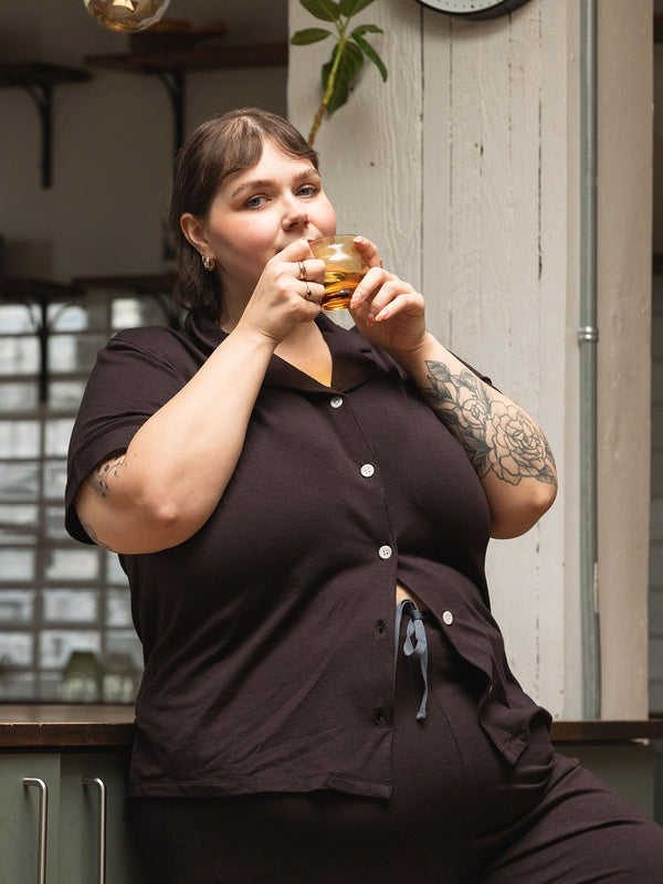 sustainable lyocell pjs, brown plus size pajamas, made in canada