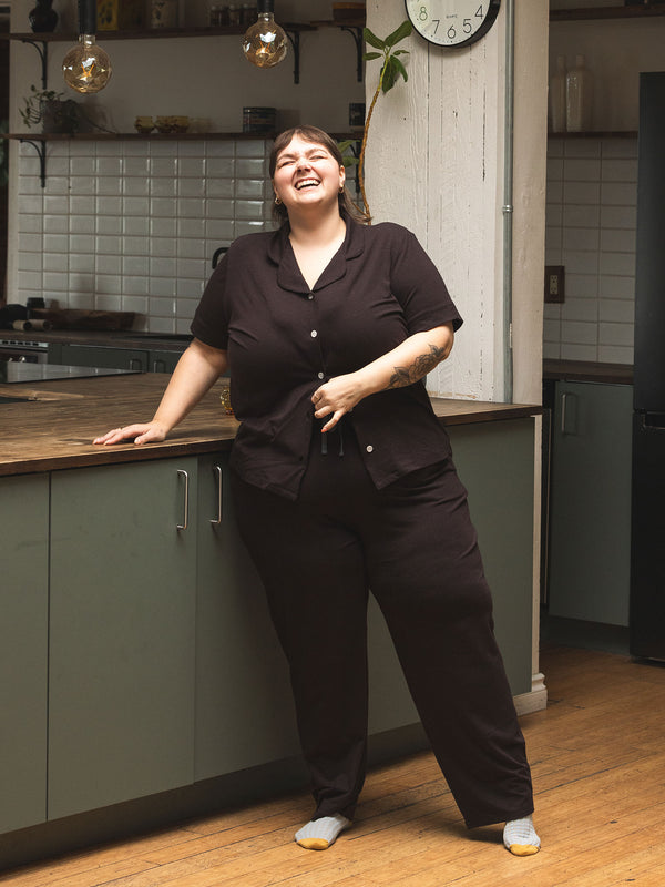 sustainable canadian made lyocell pajama pants, matching brown plus size pjs